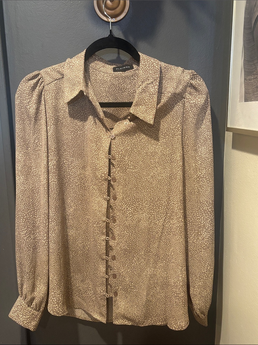 Anthropologie Taupe Button-Front Dotted Dress Shirt